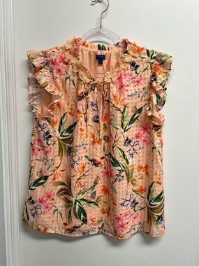 Orange Tropical Birds & Butterflies Ruffle Sleeve Blouse with Lace Flower trim